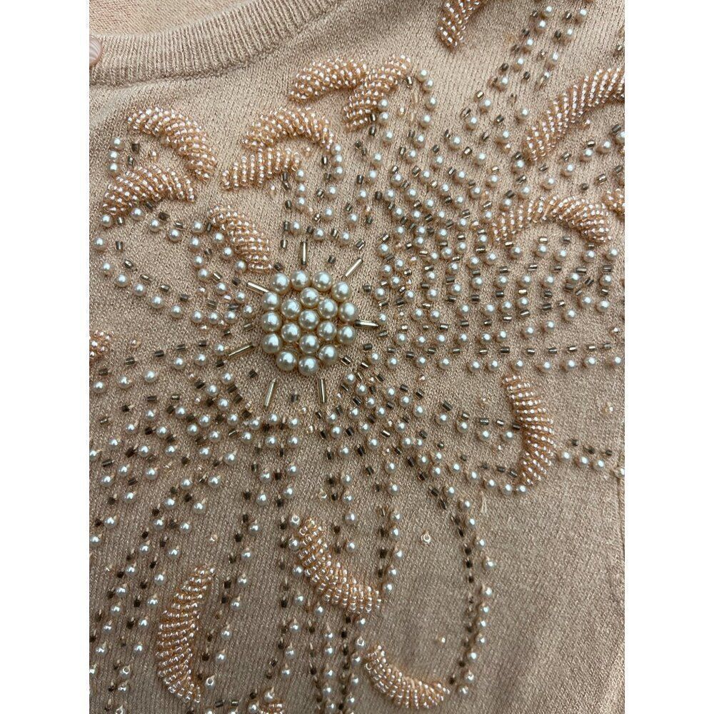 Anne Klein Women Nude Long Sleeve Faux Pearl Beaded Sweater Size PL - Picture 5 of 10